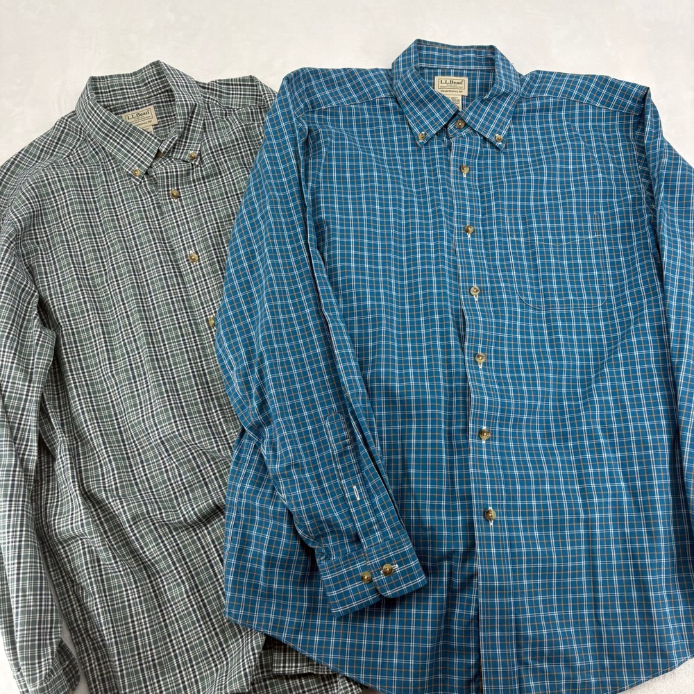 L.L. Bean Shirt Mens L Button‎ Down Plaid Blue Green Traditional Fit Set of 2
